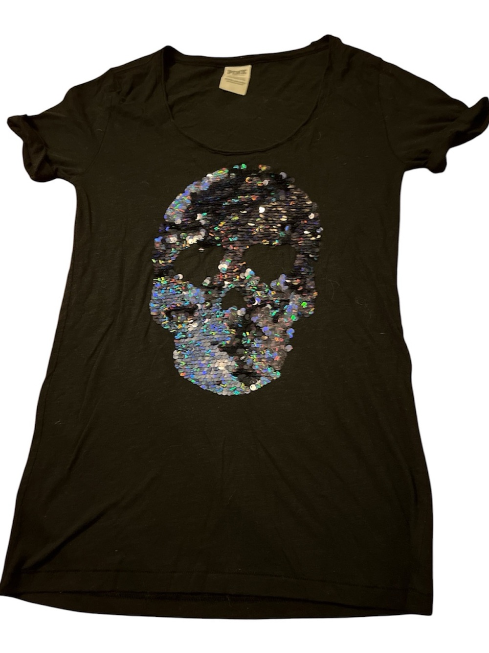 PINK Victoria's Secret Black Tee with Iridescent Sequin Skull